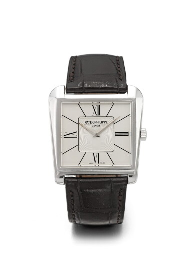 View full screen - View 1 of Lot 26. PATEK PHILIPPE | REF 5489 GONDOLO 'TRAPEZE', A WHITE GOLD TRAPEZE FORM WRISTWATCH MADE IN 2006.