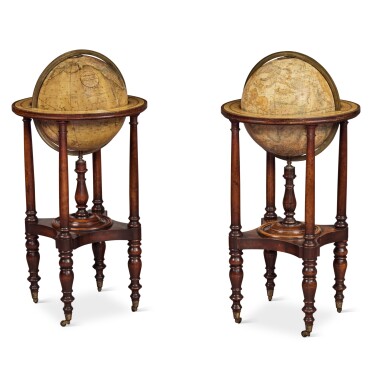 View full screen - View 1 of Lot 1640. A Pair of Celestial and Terrestrial Twelve-Inch Library Globes on Turned Cherrywood Stands, Josiah Loring (1775 – c.1840), Boston, Massachusetts, Dated 1833.