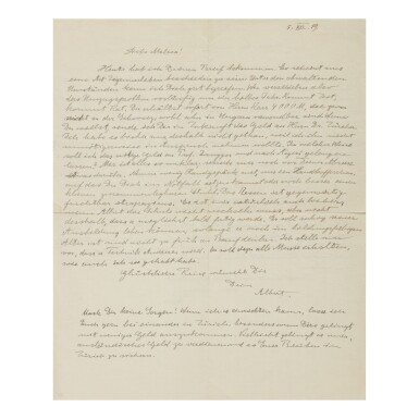 View full screen - View 1 of Lot 173. EINSTEIN, ALBERT | Autograph letter signed, one side addressed to wife Mileva Maric, the other to his sons Hans Albert and Eduard, 5 December, 1919..