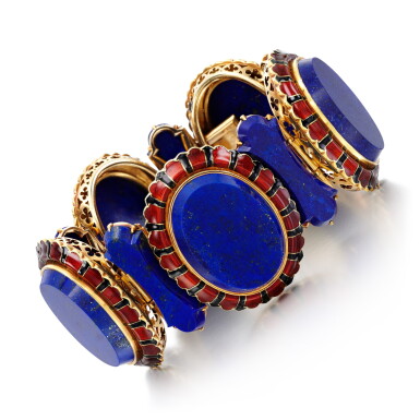 View full screen - View 1 of Lot 4. Lapis lazuli and enamel bracelet, 1860s.