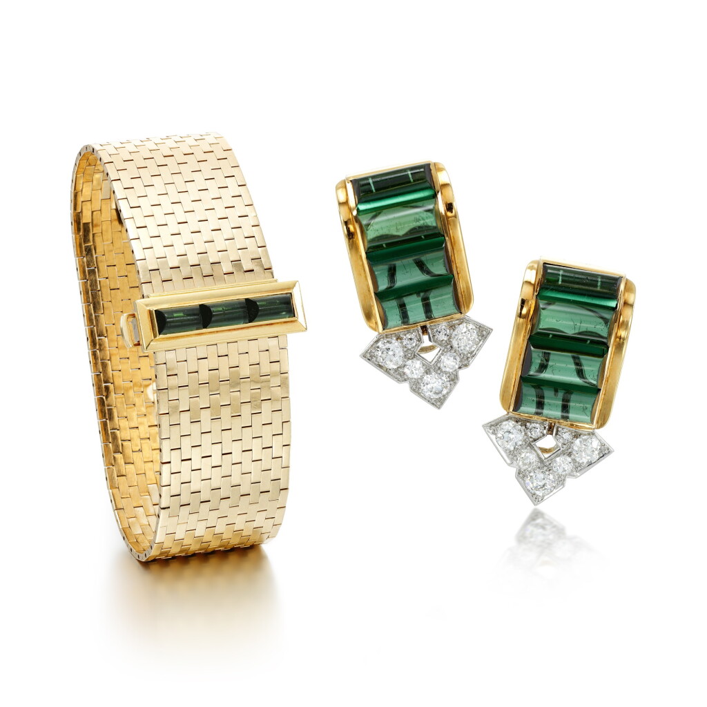 View full screen - View 1 of Lot 233. A pair of tourmaline and diamond clips, Cartier and a tourmaline bracelet, circa 1939.