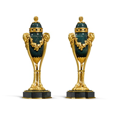 View full screen - View 1 of Lot 90. A pair of Louis XVI style gilt-bronze mounted blood stone pots pourri, late 19th century.