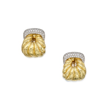 View full screen - View 1 of Lot 143. Pair of Gold and Diamond Earclips.