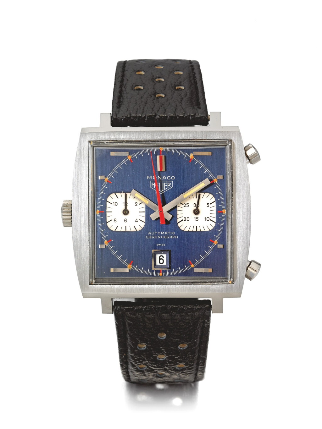 View full screen - View 1 of Lot 32. HEUER | REF 1133B MONACO, A STAINLESS STEEL AUTOMATIC CHRONOGRAPH WRISTWATCH WITH REGISTERS AND DATE CIRCA 1970.