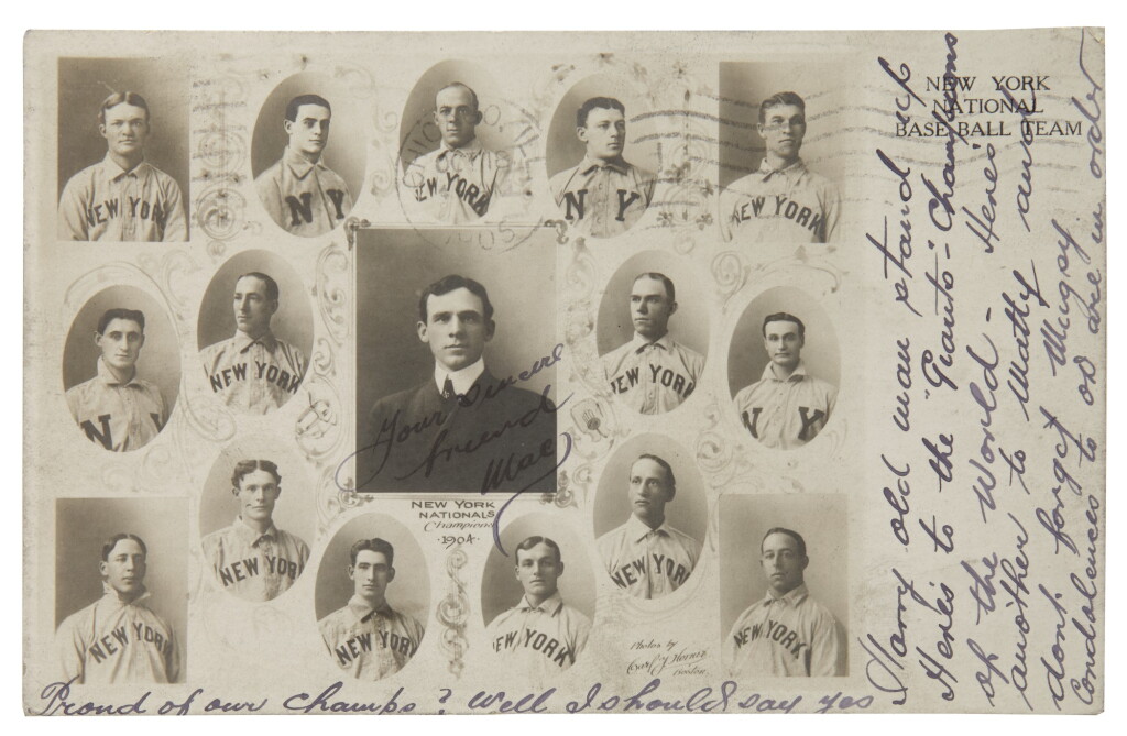 View full screen - View 1 of Lot 17. (BASEBALL) | John McGraw Signed ("Your sincere friend Mac") 1904 National League Championship Postcard, with 1905 World Series content. New York: The Rotograph Co., 1904; postmarked, Chicago, October 18, 1905.
