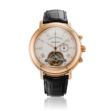 View full screen - View 1 of Lot 118. Reference 25909OR Jules Audemars Tourbillon Chronographe | A pink gold tourbillon chronograph wristwatch, Circa 2001 | 愛彼 25909OR 型號 Jules Audemars Tourbillon Chronographe | 粉紅金陀飛輪計時腕錶,約2001年製.