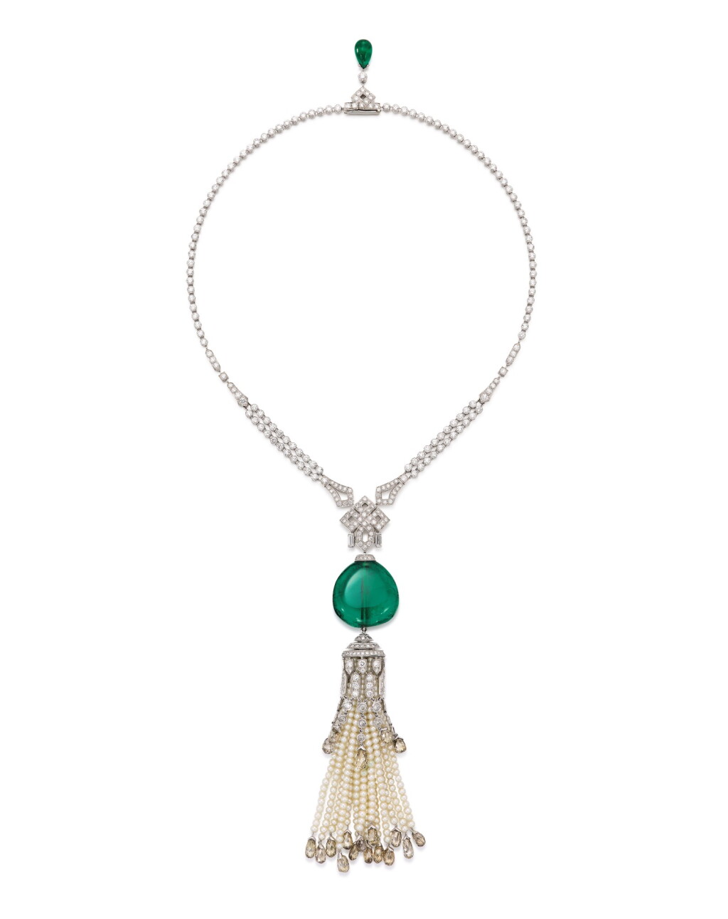View full screen - View 1 of Lot 1737. Cartier | Emerald, Seed Pearl and Diamond Pendent Necklace | 卡地亞 | 42.09克拉「哥倫比亞」祖母綠 配 珍珠 及 鑽石 項鏈.