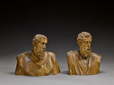 View full screen - View 1 of Lot 49. Spanish, early 17th century | Pair of Busts of Apostles (One, Saint James of Compostella).