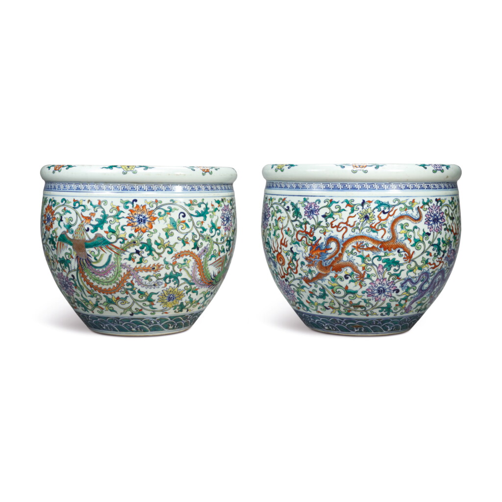 View full screen - View 1 of Lot 1095. A PAIR OF DOUCAI 'DRAGON AND PHOENIX' FISHBOWLS, 20TH CENTURY.