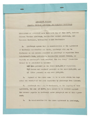 View full screen - View 1 of Lot 59. Lindbergh, Charles | A memorandum of agreement for the publication of a book on his transatlantic flight.