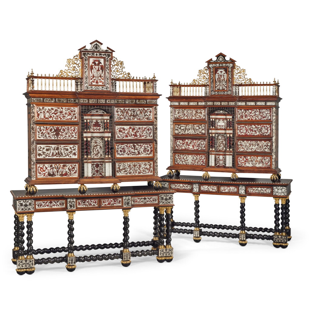 View full screen - View 1 of Lot 608. A Pair of Spanish Baroque Gilt Bronze-Mounted Ivory, Tortoiseshell, Ebony and Rosewood Cabinets, Andalusia, 17th Century and Later.