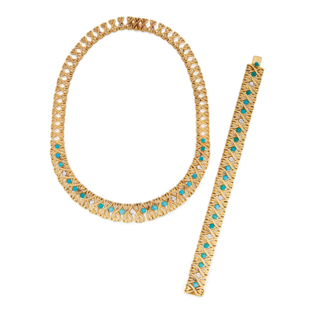 View full screen - View 1 of Lot 292. GOLD, TURQUOISE AND DIAMOND NECKLACE AND BRACELET, VAN CLEEF & ARPELS, FRANCE.