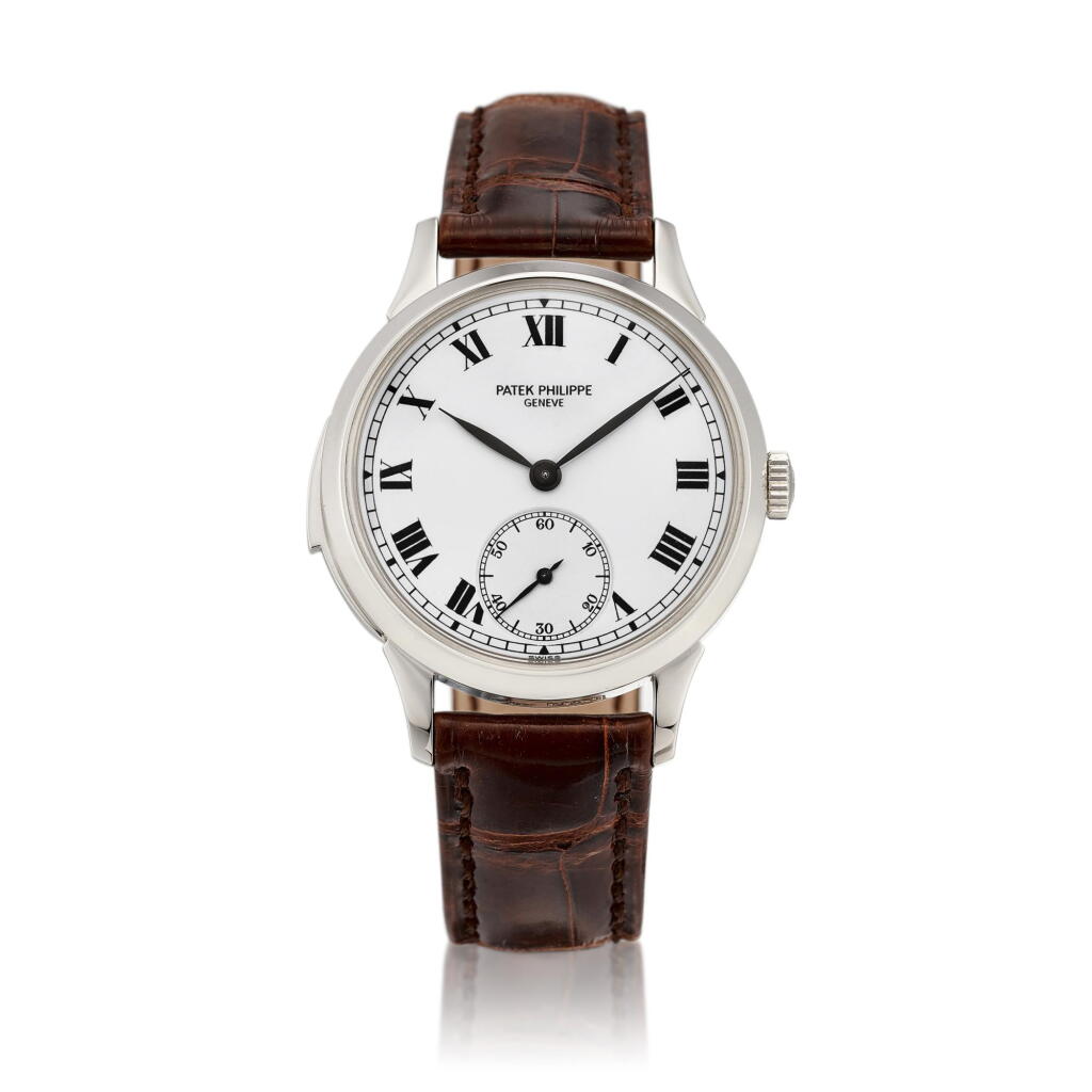 View full screen - View 1 of Lot 2177. Reference 3979 | A platinum minute repeating wristwatch with enamel dial, Made to commemorate the 150th anniversary of Patek Philippe, Made in 1994 | 百達翡麗 | 型號3979 | 鉑金三問腕錶,備琺瑯錶盤,為紀念百達翡麗150週年而製,1994年製.