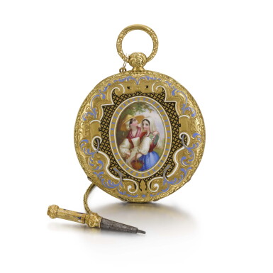 View full screen - View 1 of Lot 213. GOLD AND ENAMEL ULTRA SLIM BAGNOLET WATCH CIRCA 1850 NO. 24389.