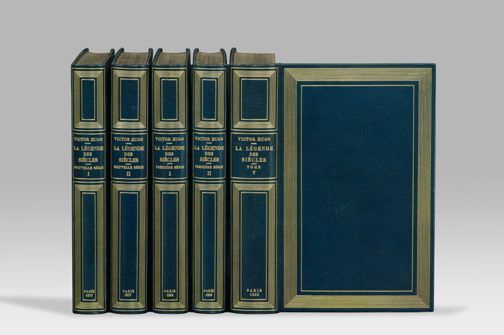 View full screen - View 1 of Lot 81. HUGO. La Légende des siècles. Paris, 1859-1877-1883. 5 volumes in-8, maroquin bleu nuit (Noulhac)..