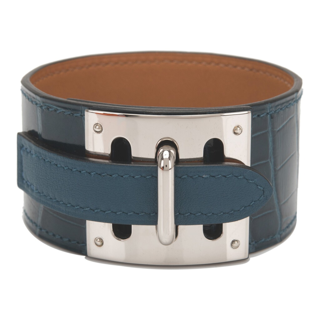 View full screen - View 1 of Lot 21. Hermès Colvert Intense Bracelet of Shiny Mississippiensis Alligator with Palladium Hardware Size Large.