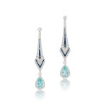Aquamarine, Sapphire and Diamond Pendent Earrings