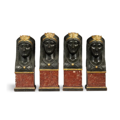 View full screen - View 1 of Lot 1210. A Set of Four Empire Parcel-Gilt, Painted and Ebonized Wood Egyptian Busts, Early 19th Century .