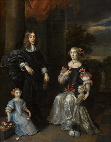 View full screen - View 1 of Lot 445. A group portrait of a family in an architectural setting with a landscape beyond containing a statue on a plinth.