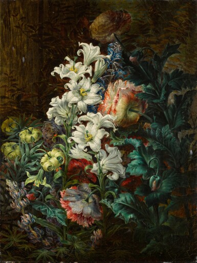 View full screen - View 1 of Lot 29. A forest floor still life of lilies, martagon lilies, poppies and other flowers.