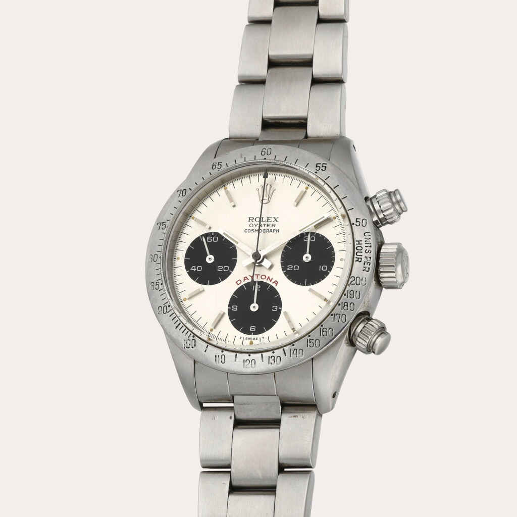 View full screen - View 1 of Lot 125. Daytona 'Big Red', Reference 6265 | A stainless steel chronograph wristwatch with bracelet | Circa 1979.