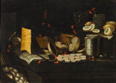 View full screen - View 1 of Lot 154. Still life of cheese, eggs, lemons, olives, and a sheet of music, on a ledge in an interior.