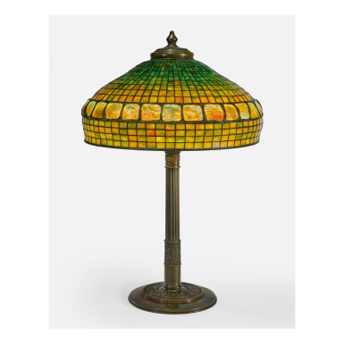 View full screen - View 1 of Lot 31. TIFFANY STUDIOS | "TURTLE-BACK AND GEOMETRIC" TABLE LAMP.