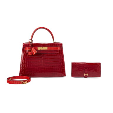 View full screen - View 1 of Lot 1569. Rouge Braise and Sanguine Shiny Niloticus Crocodile HSS Kelly 28 Sellier Gold Hardware, 2017 and Rouge Braise Shiny Mississippiensis Alligator Bearn Wallet Gold Hardware, 2017.