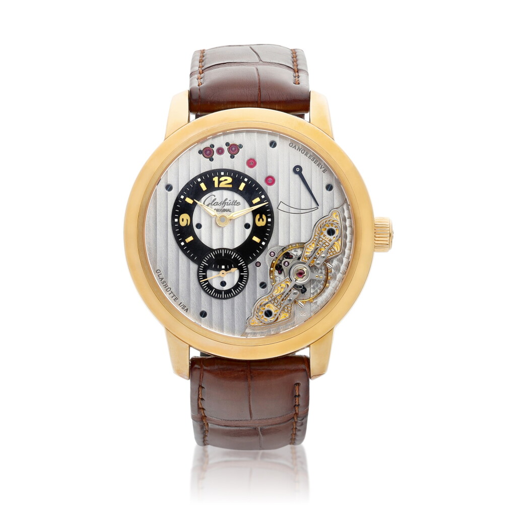 View full screen - View 1 of Lot 8105. Panoinverse, Reference 66-01-01-01-05 | A yellow gold semi-skeletonized wristwatch with power reserve indication, Circa 2013 | 格拉蘇蒂 | Panoinverse 型號 66-01-01-01-05 | 黃金半鏤空腕錶,備動力儲備顯示,約2013年製.