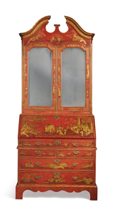 View full screen - View 1 of Lot 189. A GEORGE II RED JAPANNED AND PARCEL-GILT BUREAU BOOKCASE, CIRCA 1735.