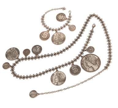 View full screen - View 1 of Lot 88. CHANEL | GUNMETAL COIN BELT AND BRACELET .