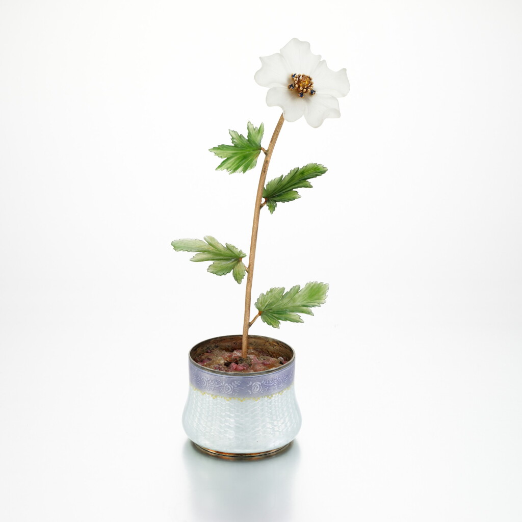 View full screen - View 1 of Lot 17. A JEWELLED SILVER-MOUNTED ROCK CRYSTAL, NEPHRITE AND GUILLOCHÉ ENAMEL STUDY OF A WILD ROSE, IN THE STYLE OF THE HOUSE OF CARL FABERGÉ, CIRCA 1912.