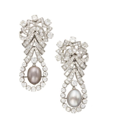 View full screen - View 1 of Lot 147. PAIR OF NATURAL PEARL AND DIAMOND EARCLIPS.