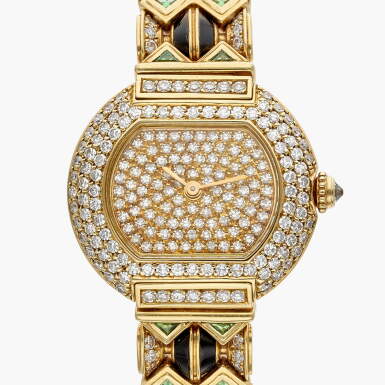 View full screen - View 1 of Lot 457. Reference 86605 Ellipse | A yellow gold, diamond, peridot, and onyx-set bracelet watch, Circa 1980.