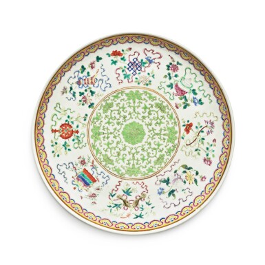 View full screen - View 1 of Lot 608. A famille-rose 'Eight Buddhist Emblems' dish, Mark and period of Guangxu | 清光緒 粉彩八吉祥紋盤《大清光緒年製》款.