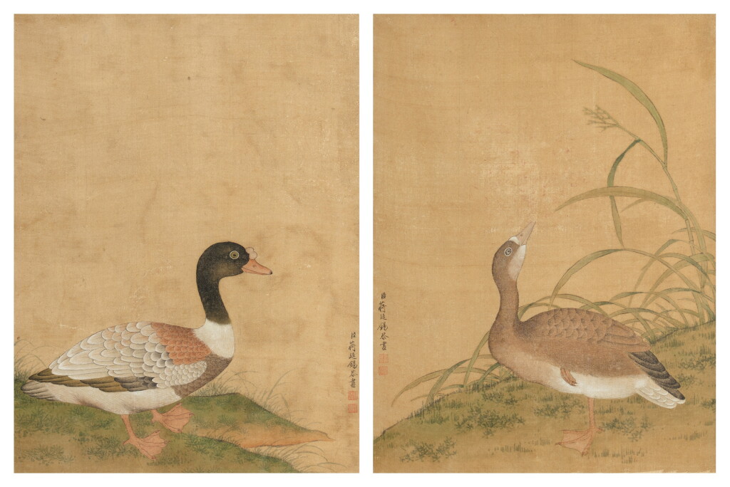 View full screen - View 1 of Lot 1202. After Jiang Tingxi, A pair of paintings of ducks, ink and color on silk, framed | 蔣廷錫(款) 河邊水鴨圖一對 設色絹本 裝框.
