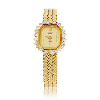 View full screen - View 1 of Lot 345. Longines | Montre bracelet de dame or et diamants | Lady's gold and diamond bracelet watch.