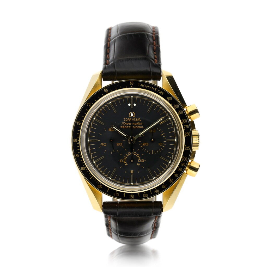 View full screen - View 1 of Lot 158. OMEGA | REFERENCE 3195.59.00 APOLLO - SOYUZ SPEEDMASTER A LIMITED EDITION YELLOW GOLD CHRONOGRAPH WRISTWATCH, CIRCA 2000.