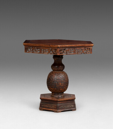 View full screen - View 1 of Lot 250. A rare hardwood archaistic centre table Qing dynasty, 18th-19th century | 清十八至十九世紀 木雕仿古紋六方桌.