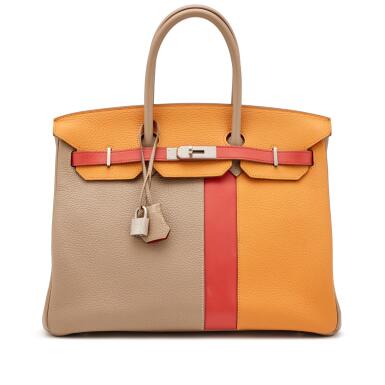 View full screen - View 1 of Lot 55. Gris Tourterelle and Moutarde Clemence and Sanguine Swift Casaque Birkin 35 Brushed Palladium Hardware, 2012.