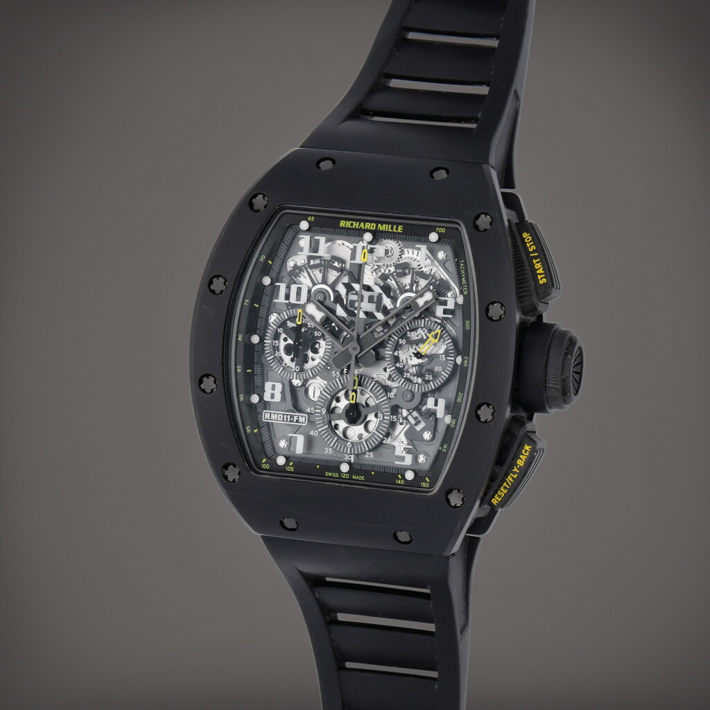 View full screen - View 1 of Lot 33. Felippe Massa 'Yellow Flash', Reference RM011 AO CA-TZP A limited edition carbon TPT annual calendarflyback chronograph wristwatch with digital date display Circa 2015.
