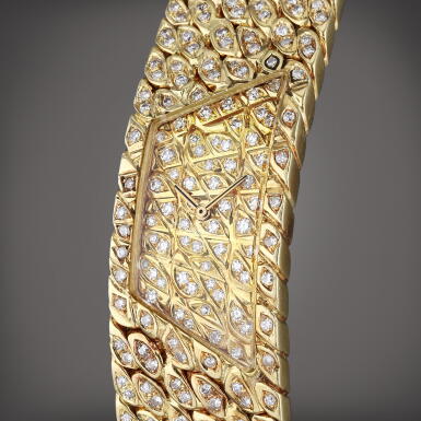 View full screen - View 1 of Lot 68. Aton | A yellow gold and diamond-set bracelet watch, Circa 1990.