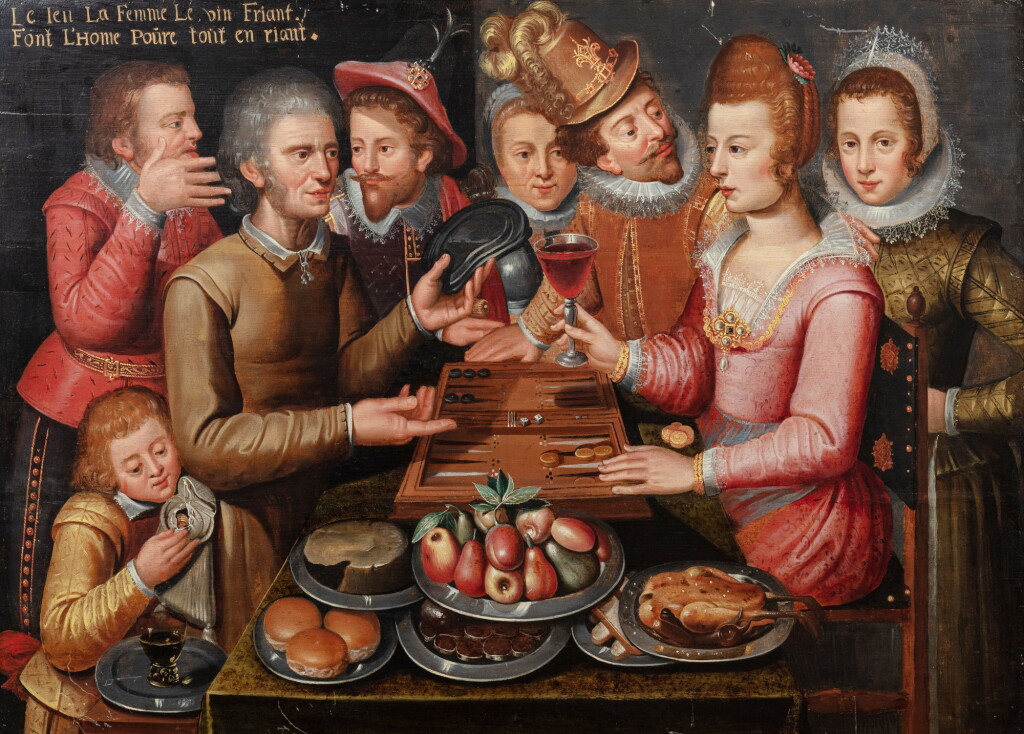 View full screen - View 1 of Lot 41. Franco-Flemish School, circa 1610, The Game, the Woman, the Wine leave the Man poor while laughing | Ecole franco-flamande vers 1610, Le Jeu, la Femme, le Vin friant font l'homme pauvre tout en riant.
