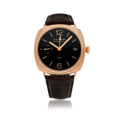 View full screen - View 1 of Lot 45. PANERAI | RADIOMIR GMT PINK GOLD DUAL TIME WRISTWATCH WITH DATE AND 3-DAY POWER RESERVE INDICATION CIRCA 2015.