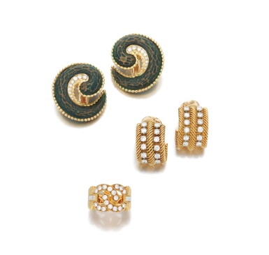 View full screen - View 1 of Lot 89. Pair of bronze and gold earclips, Boucheron, pair of diamond earclips and ring (Paio di orecchini in bronzo e oro, Boucheron, paio di orecchini e anello in diamanti).