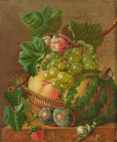 View full screen - View 1 of Lot 277. A still life of plums, peaches and grapes in a basket, with a snail on a ledge.