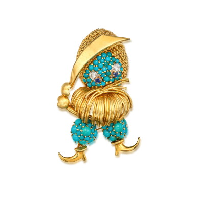 View full screen - View 1 of Lot 126. Gold, Turquoise, Sapphire and Diamond Clip-Brooch.