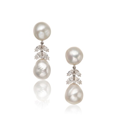 View full screen - View 1 of Lot 225. Pair of Cultured Pearl and Diamond Pendant-Earclips.