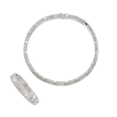 View full screen - View 1 of Lot 187. White Gold and Diamond 'Parentesi' Necklace and Cuff-Bracelet.