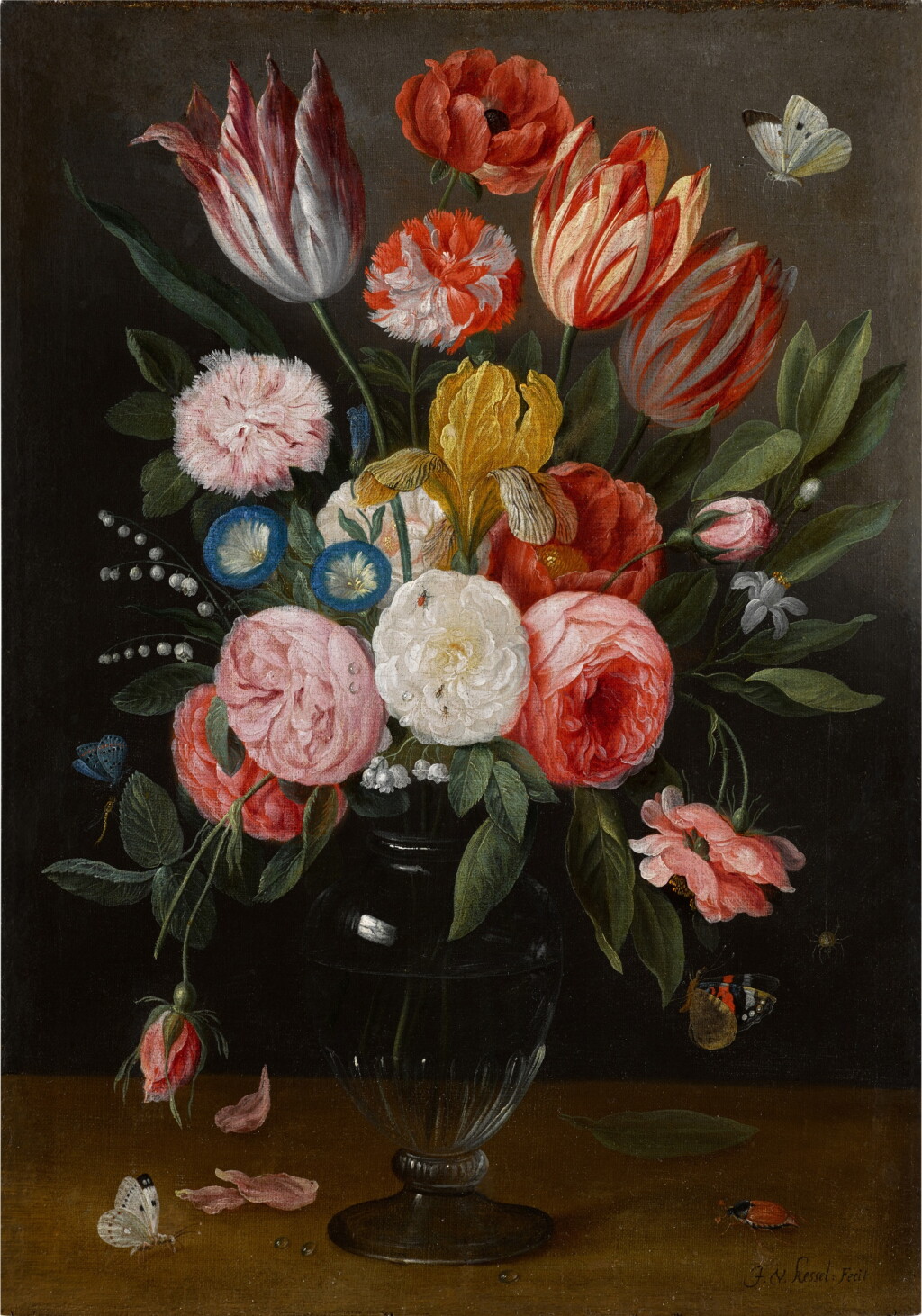 View full screen - View 1 of Lot 205. Still life of tulips, peonies, carnations, roses, convolvulus and other flowers in a glass vase on a ledge.